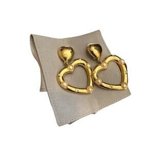 Givenchy Gold Plated Heart Shape Faux Pearl Rhinestone Clip-on Earrings